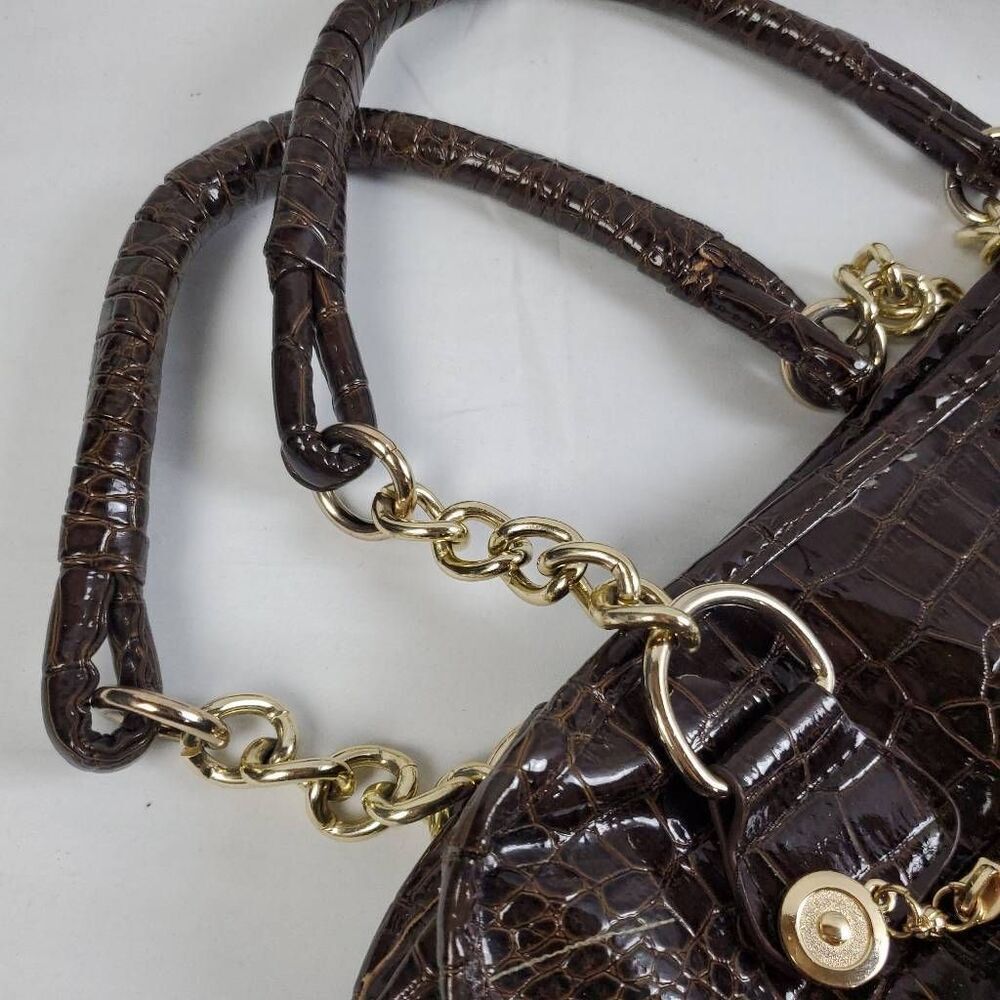 Brown Studded Faux Croc Tote Purse Gold Chain Handles Glam Satchel 13x11 - Picture 5 of 8